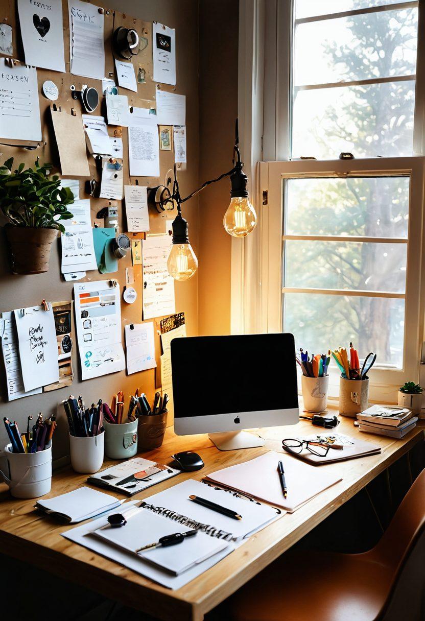 A creative workspace filled with various digital tools like a laptop, a notepad, and coffee mugs, surrounded by inspiration boards showcasing blog designs and social media icons. Include a light bulb hovering above the desk to symbolize ideas and innovation, with a warm sunlight streaming through a window to evoke a cozy atmosphere. Focus on colors that inspire creativity and positivity. vibrant colors. painterly style.