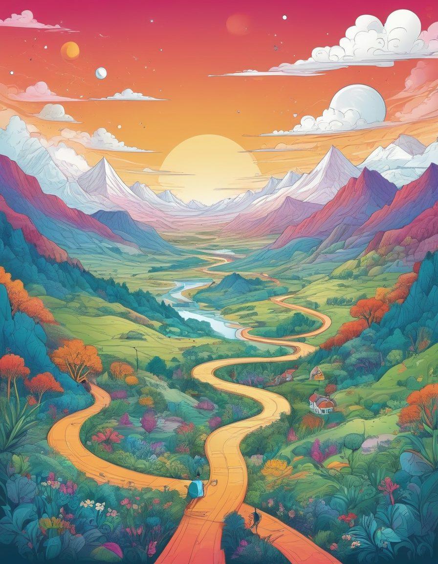 A vibrant, intricate illustration of a vast digital landscape representing the blogosphere, featuring whimsical pathways leading to various blog niches like travel, food, and technology. Include engaging characters, like a pen and a computer, interacting with content bubbles. The scene should exude creativity and connection, symbolizing the journey of content creation. bright colors. vector art. playful style.