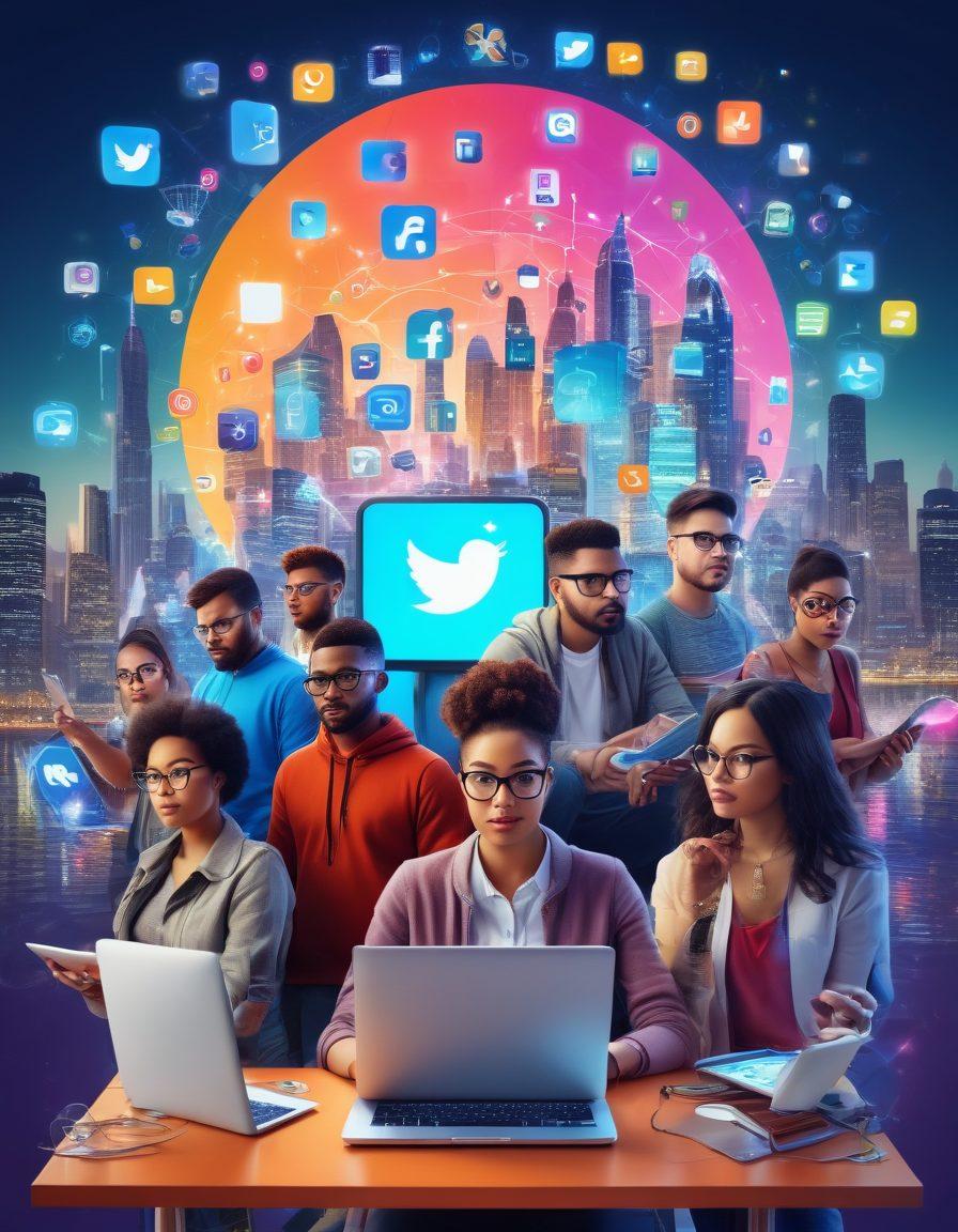 A vibrant digital collage showcasing a diverse group of bloggers and tech enthusiasts collaborating online, surrounded by floating icons of social media, coding elements, and digital devices. The background features a futuristic cityscape blending traditional blogging elements with modern technology. Emphasize diversity and creativity, with a focus on expressing unique voices. super-realistic. vibrant colors. 3D.